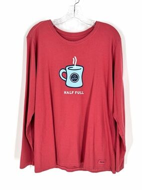 Life Is Good Red Long Sleeve Tee with Blue Mug Graphic